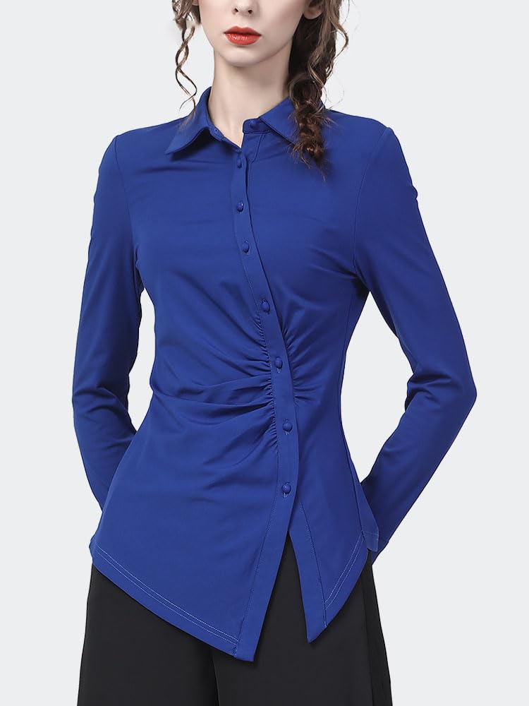 CJQJPNZ Blue Knitted Skinny Shirt with Irregular Buttons